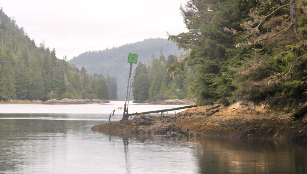 A starboard marker while heading south through a tight spot in El Capitan Pass.